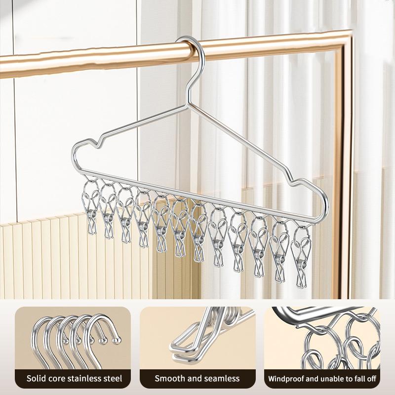Stainless Steel Clothes Drying Hanger With 12 Clips For Drying Socks Underwear Small Clothes In Balcony Bathroom