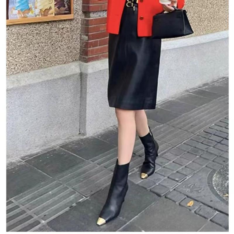 Women's Metal Pointed Stiletto Heel Ankle Boots Side Zipper Autumn Winter Slim Black Chunky Boots