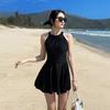 Beachwear Dress One-Piece Bikini Suits Ruffle Pleated Crew Skirt Swimwear Criss Cross Back Bandage Casual Elegant Bikini