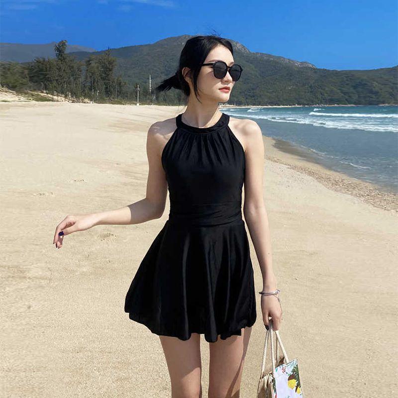 Beachwear Dress One-Piece Bikini Suits Ruffle Pleated Crew Skirt Swimwear Criss Cross Back Bandage Casual Elegant Bikini