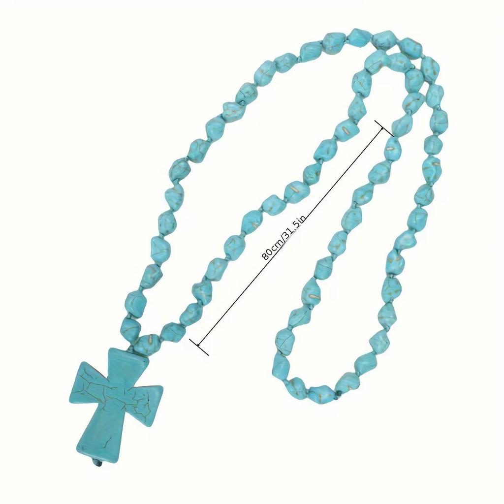 JMXD-Bohemian Ethnic Wind Cross Necklace Handmade Beaded Turquoise Long Necklace Simple Wind Cross Pendant