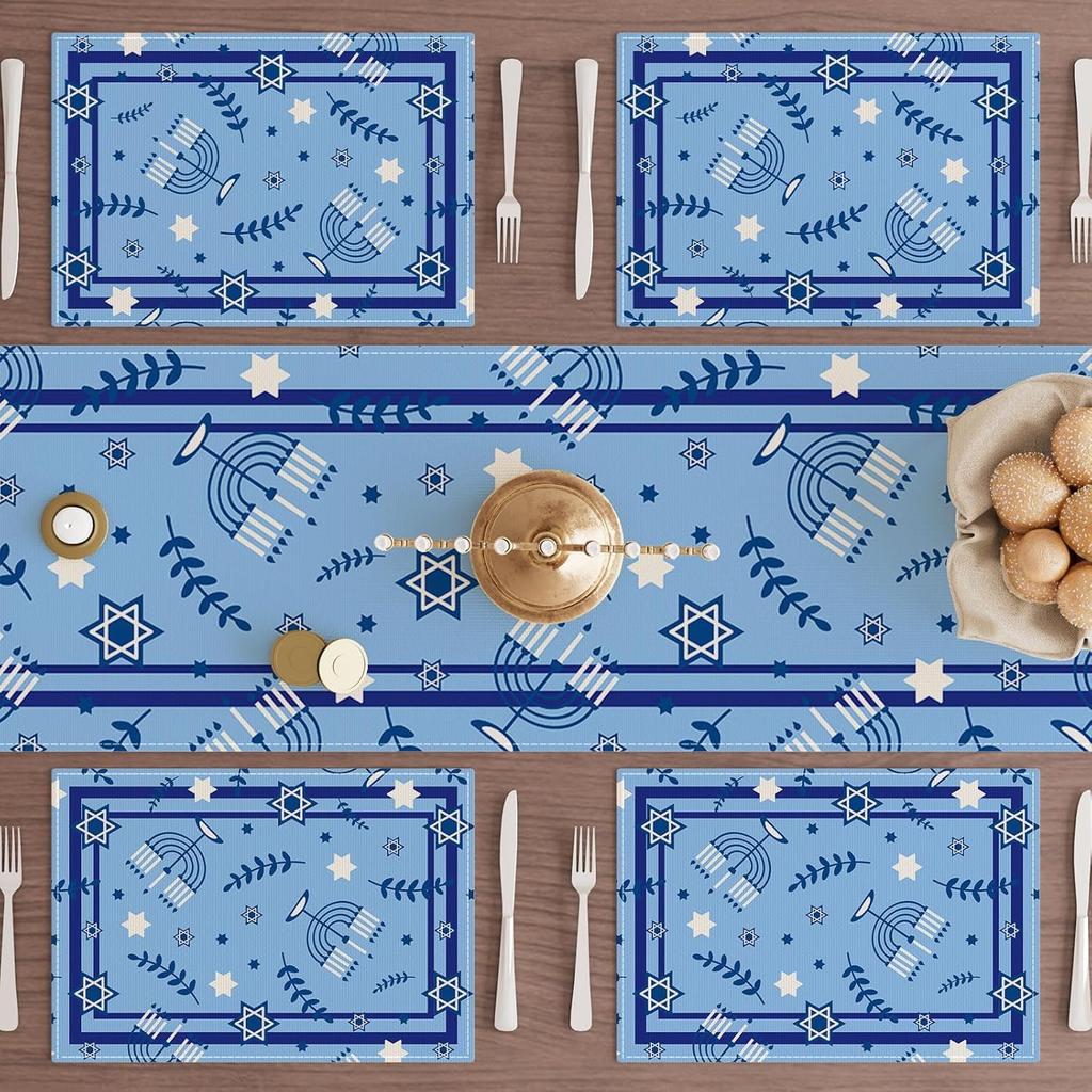 XCHI Hanukkah Six-Pointed Star Olive Leaf Chanukah Menorah Placemats Set of 4 Table Mats for Party Home Kitchen Dining Table Decorations 12x18 Inch