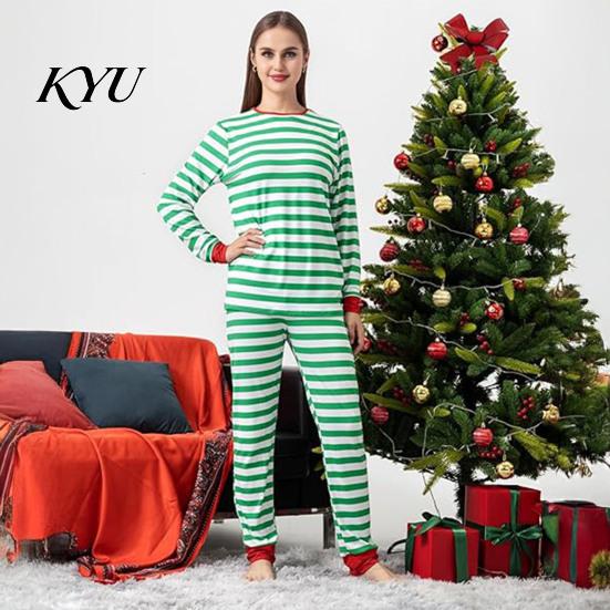 Мягкая одежда для сна на зиму, Комплект matching family pajamas, Зелено-белая полоска, Рождественский, 2 предмета, Милые пижамные комплекты для мужчин и женщин, Праздничные, С длинным рукавом, Для отдыха