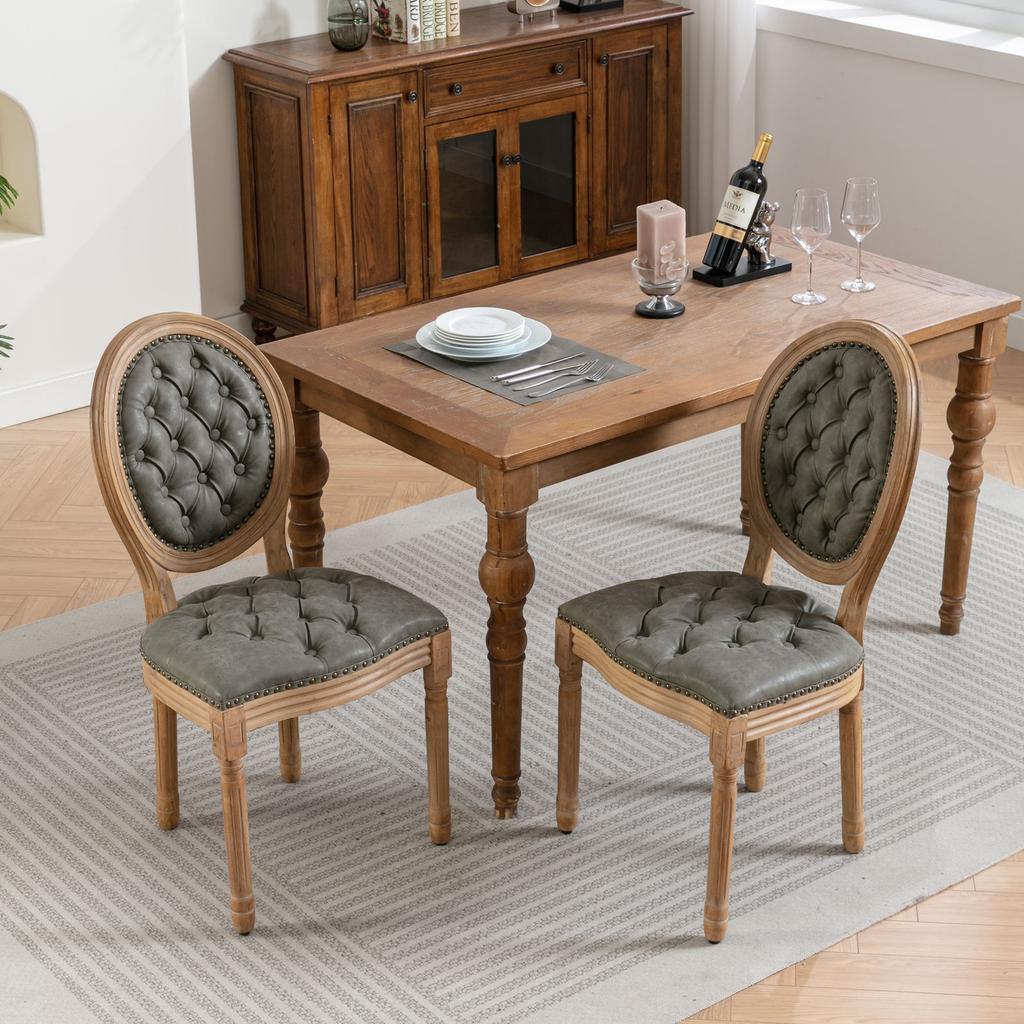 French Country Dining Chairs Set of 2, Solid Wood Frame, Hand Tufted Oval Back, Vintage Sheepskin PU Leather, High Density Foam & Steel Spring Cushion