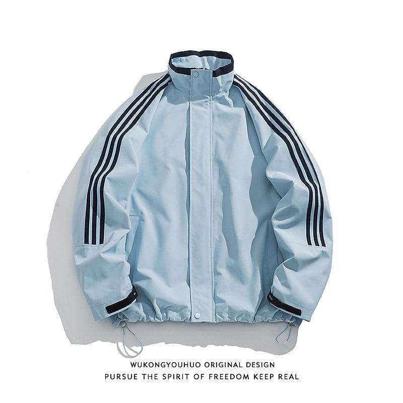 Unisex Retro Three Stripes Stand Collar Windbreaker - Trendy Loose Fit Jacket for Spring/Autumn Streetwear