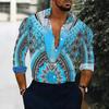 Men Collared Shirt Dark Blue Light Leaf Floral Silhouette Print Long Sleeve Button Down Top