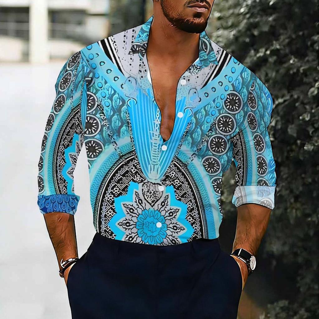 Men Collared Shirt Dark Blue Light Leaf Floral Silhouette Print Long Sleeve Button Down Top