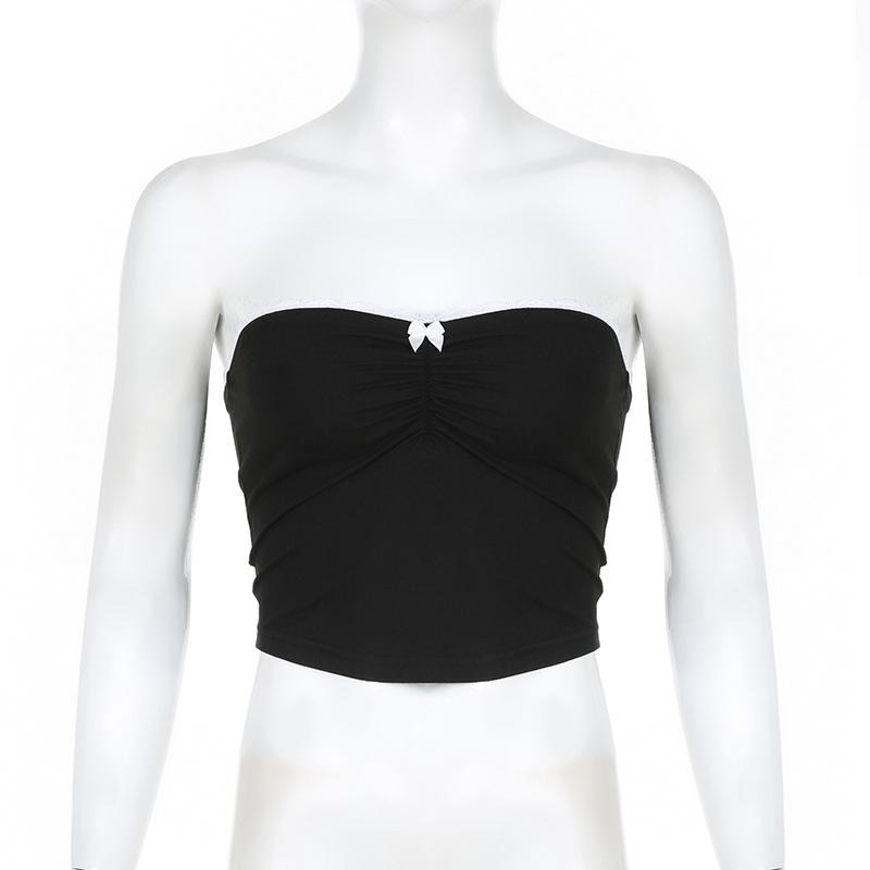 Contrast Bow Stitched Tube Top Summer Harajuku 90s Strapless Women's Cropped Tops Vintage Y2k Casual Basic Tees Cute Vest