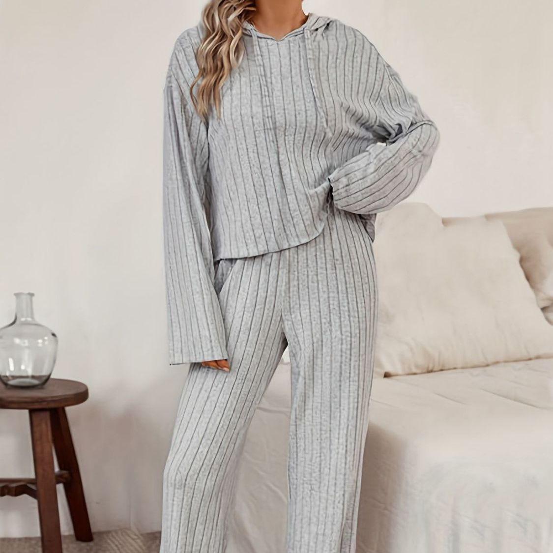 

Plus Size Ribbed Knit Two-Piece Set: Drawstring Hoodie & Casual Trousers 3XL світло-сірий колір