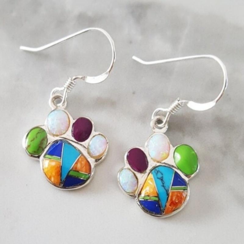 Creative Colored Stone Inlaid Cat Paw Designed Pendant Earrings for Women's Exquisite Festival Jewelry Accessories Gifts