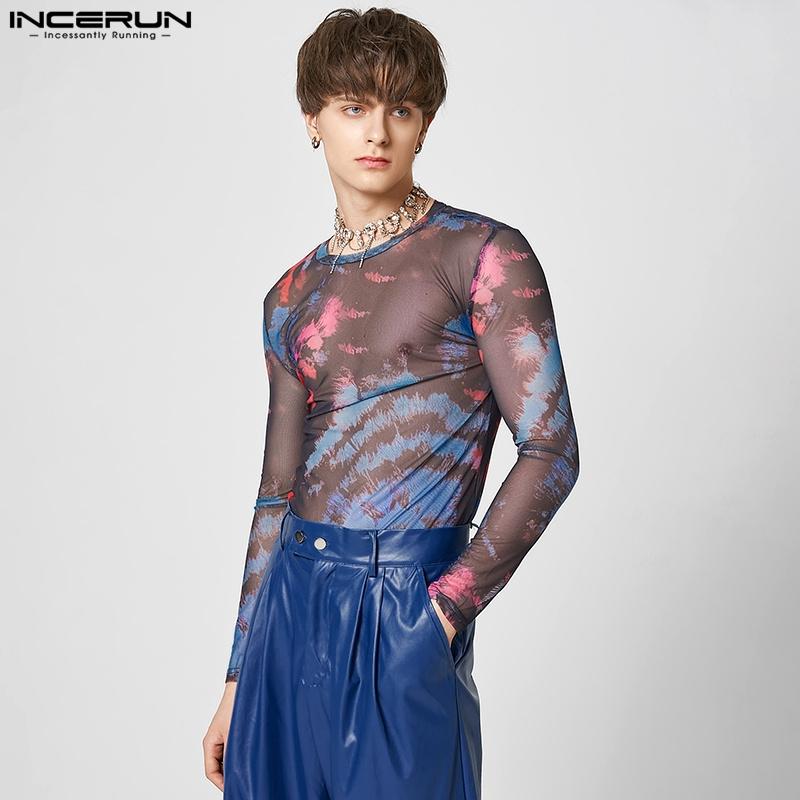 

INCERUN Летние мужские дышащие прозрачные тонкие топы с длинными рукавами и принтом