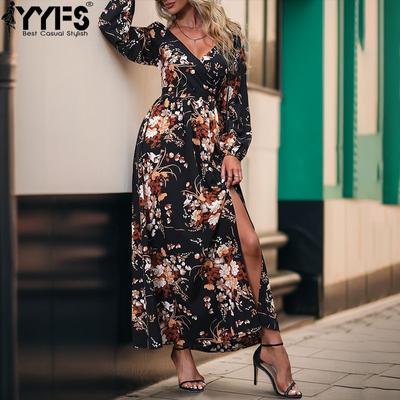 Abiti casual a vita alta con scollo a V a maniche lunghe con stampa motivo floreale primavera autunno moda donna