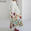 ZANZEA Women Casual Floral Print Loose Rouns Neck 3/4 Sleeve Long Dress