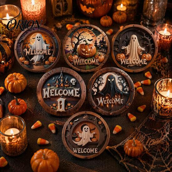 Halloween Wooden Coasters 6Pcs/Set Coasters, Retro Pumpkin Ghost Drink Heat Resistant Cup Holders Round Insulation Pads for Dining Table Holiday Decor