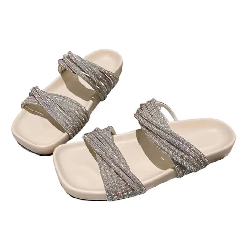 Modische Ballerinas Damen Hausschuhe Kristall Mode Schuhe Sommer Lässig Gemütlich Damen Sandalen 2025 Strand Flip Flops Kleid Gehen Mujer Schuhe