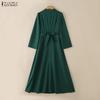 ZANZEA Women Casual Stand Collar Long Sleeve Looose Elegant Maxi Long Dress