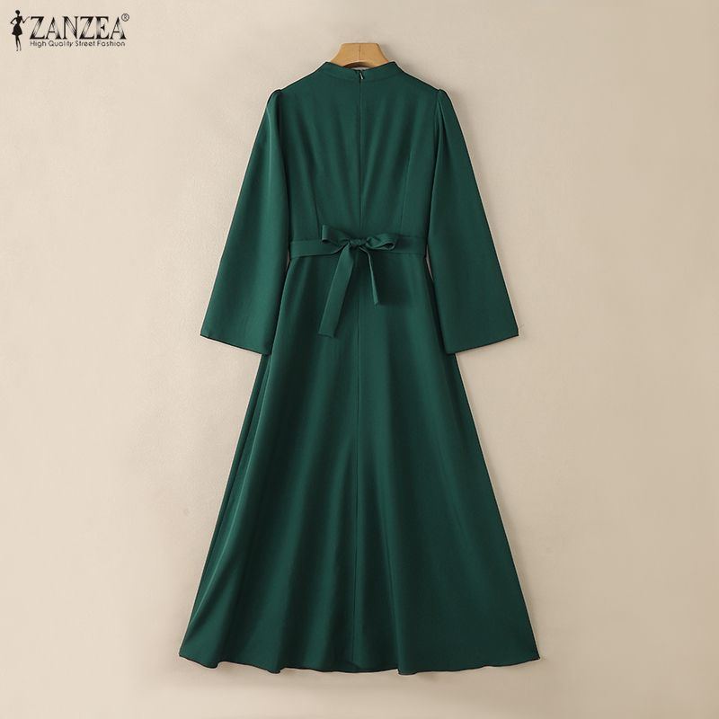 ZANZEA Women Casual Stand Collar Long Sleeve Looose Elegant Maxi Long Dress