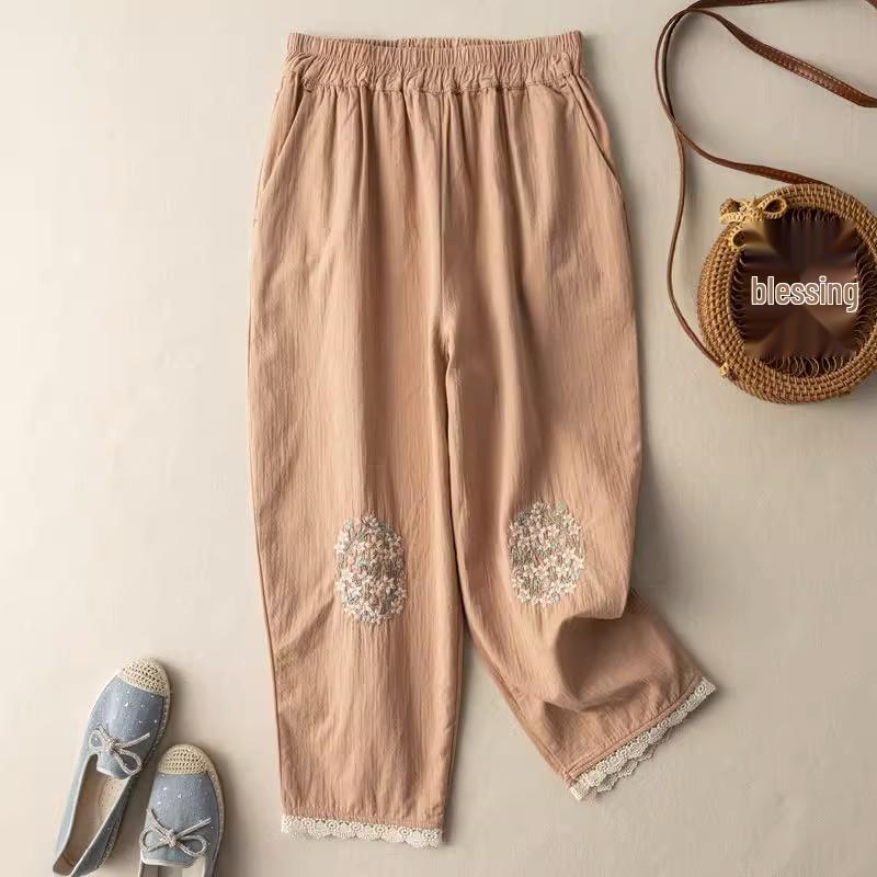 Women's Literary Retro Cotton Embroidery Casual Pants with Lace Trim - Slimming, Loose, and Thin Style for Summer 2023.