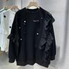 Ruffle Edge Patchwork Thin Sweater Women's Autumn New Heavy Industry Pearl Flower Loose Casual All-match Classic Top
