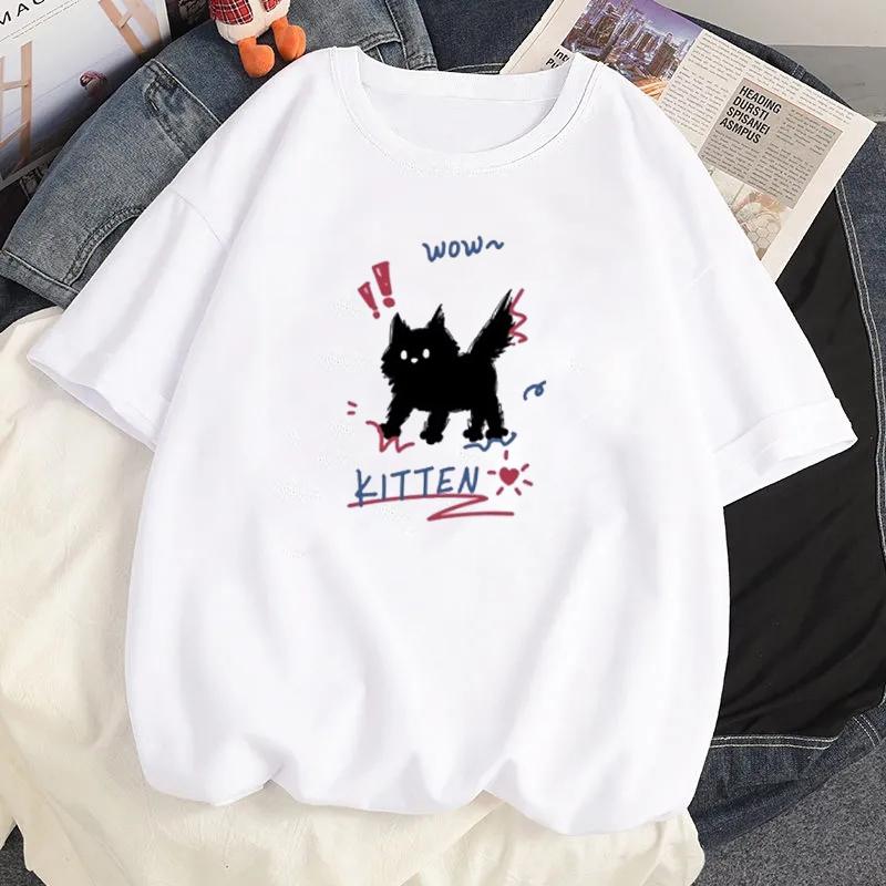 Kawaii Cute Kitten Puppy Graphic Blouse Best Friend Short Sleeves Women Couple T-shirt Y2k Girlfriends Clothing Streetwear Tops