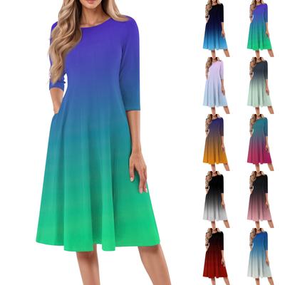 Women's Casual Fashion Round Neck Three Quarter Sleeve Print Midi Dress