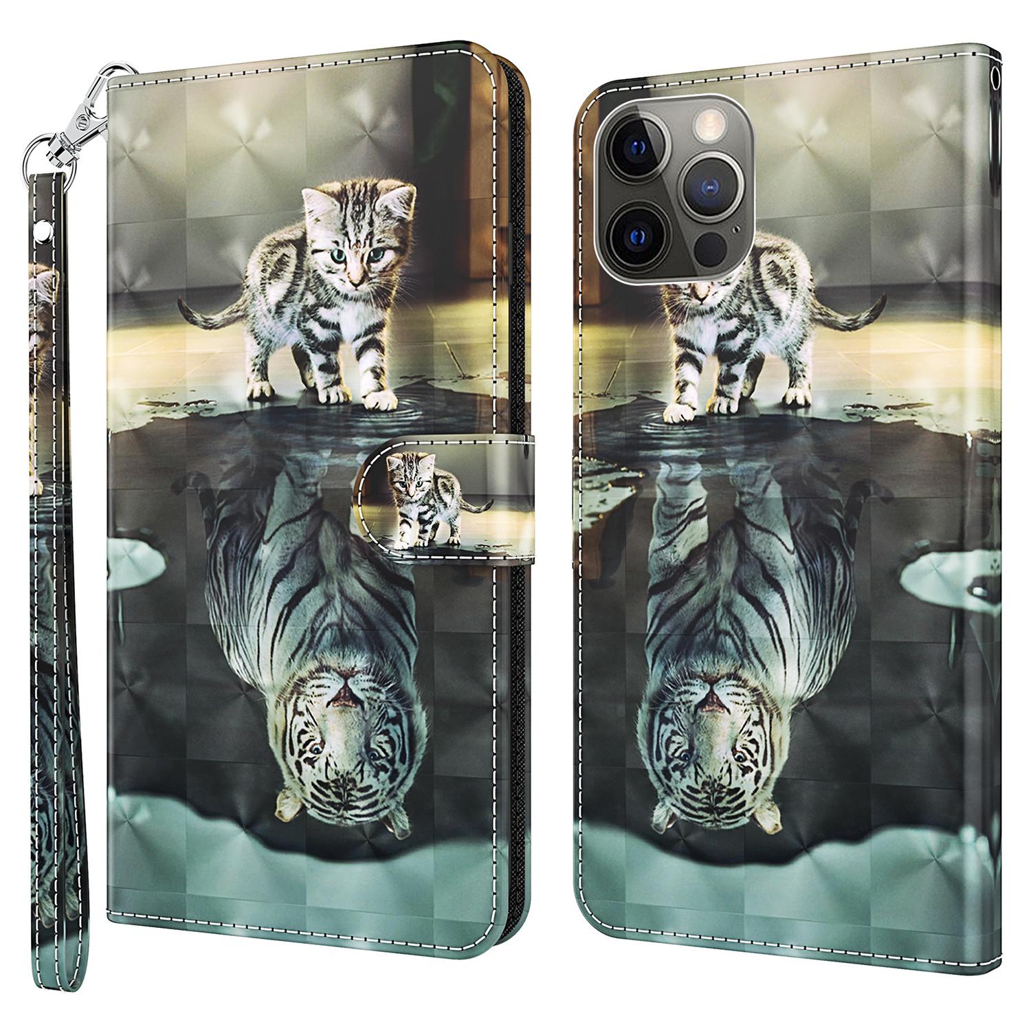 

Wallet Case for iPhone 15 Pro,3D Pattern Printing PU Leather Stand Phone Cover with Strap Cat and Tiger