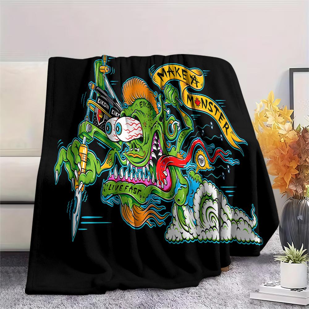 1PC Rat Fink Print Flannel Blanket, High Quality All Seasons, Home Decor, Warmth and Comfort, Perfect for Christmas Gifts