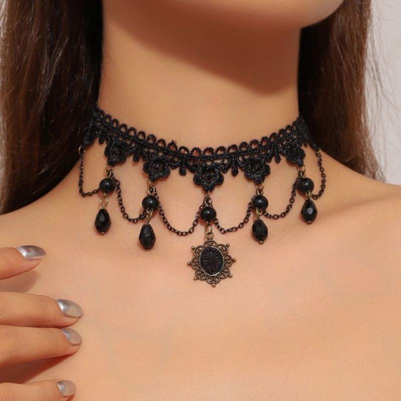 Gothic Punk Sexy Lace Black  Pendent Necklace For Women Teens Girls Rivet Flower Collar Necklace Rock Jewelry Gifts Party