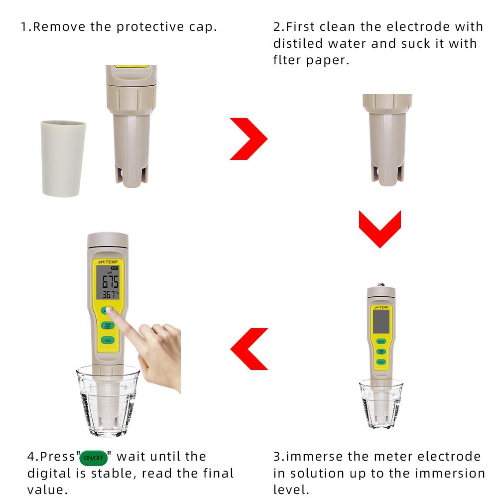 Hochpräzises PH-Meter 2 in 1 Wasserqualitätstester PH-Temp-Detektor ATC Wasserdicht Säuremessgerät PH-Teststift für Aquarium Pool