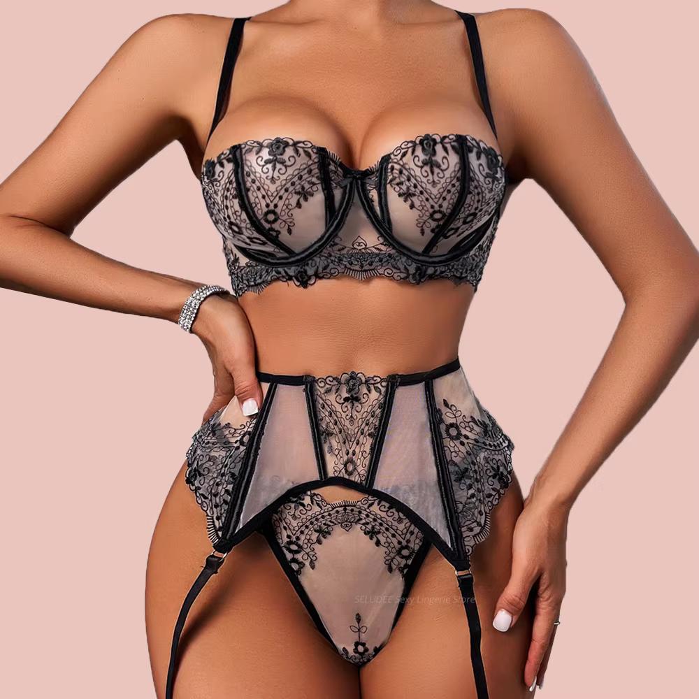Sexy Lingerie Sets Garter Belt for Women Floral Embroidery Sexy Underwear Erotic Intimates See Through Bra Panty Suit Lace