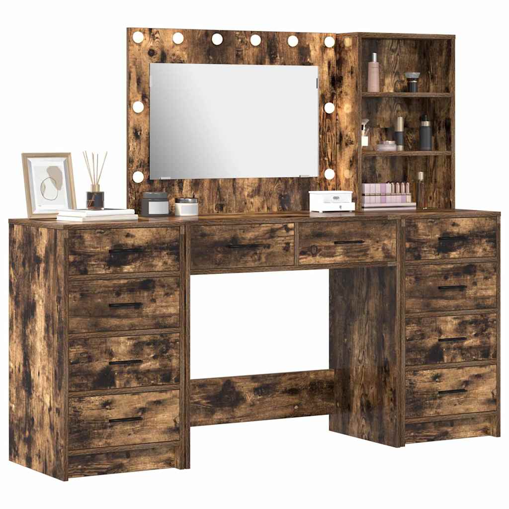 Makeup Table with Shelf 3 pcs Smoked Oak Wood Based Material