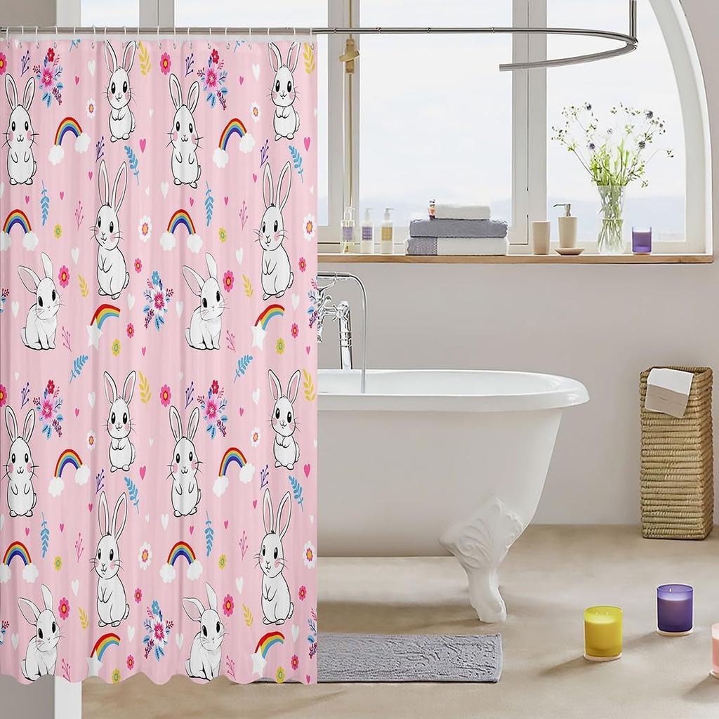 Cute Rabbit Shower Curtain Kawaii Bunny Animal Fabric Shower Curtain Pink Cartoon Flowers Bathroom Curtains Farmhouse Garden