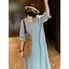 Women V Neck Half Sleeve Embroidered Linen Maxi Dress Loose  Casual Vacation Long Gown