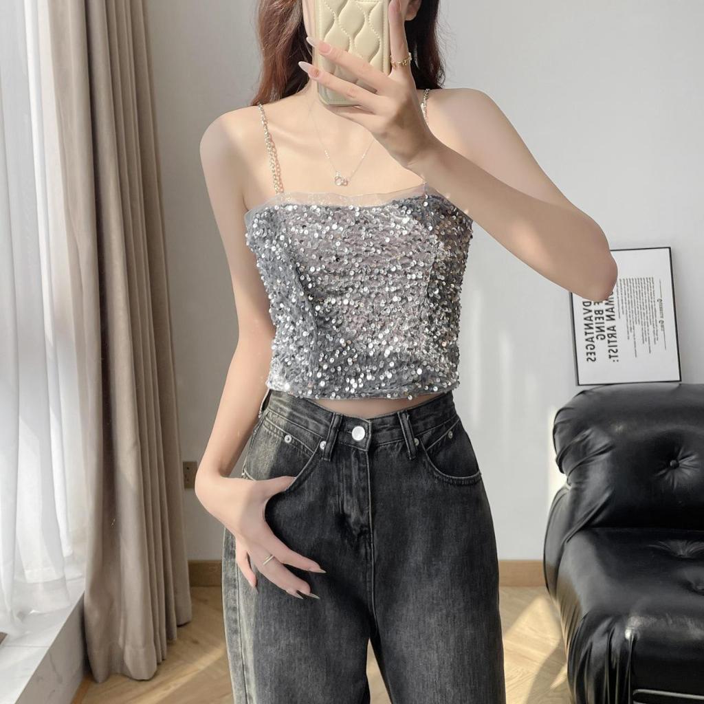 Sexy kovové retiazkové tielko Jednofarebné flitrované halterové crop topy Dámske letné tielka Bezchrbtové tielko Módne ležérne rúrkové Dámska bez rukávov skrátená vesta Y2K