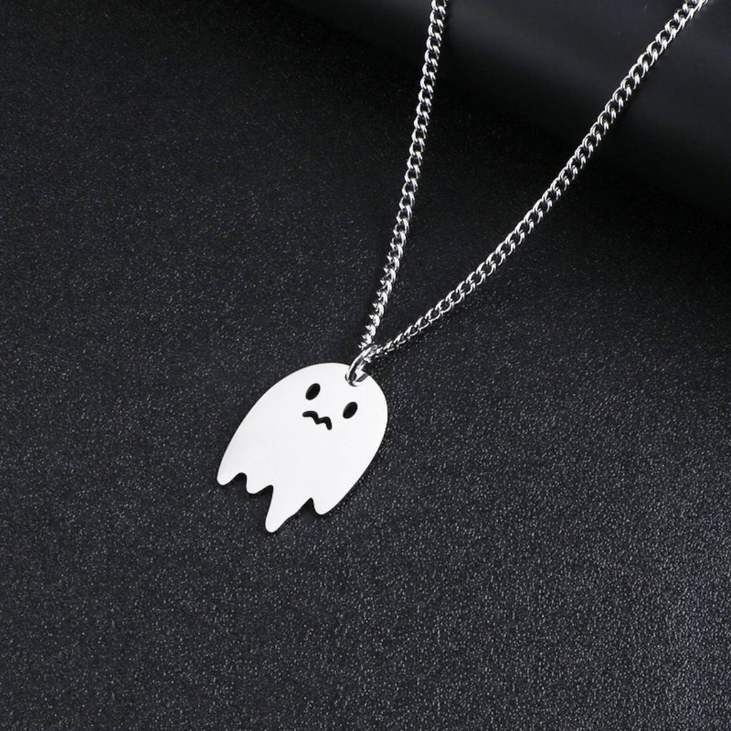 Sad Ghost Pendant Necklace for Women Men Stainless Steel Jewelry Halloween Child's Gift
