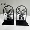 L-shaped Bookend 1 Pair Flower Metal Bookends, Decorative Vase Book Ends for Non-slip Shelves, Black Holder Stopper Home Office Reading Room