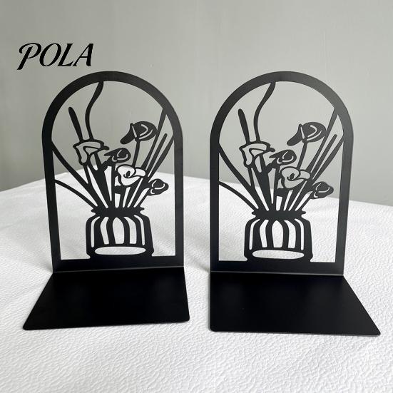 L-shaped Bookend 1 Pair Flower Metal Bookends, Decorative Vase Book Ends for Non-slip Shelves, Black Holder Stopper Home Office Reading Room