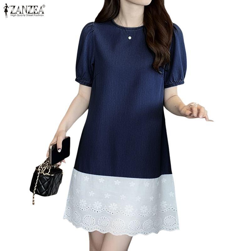 ZANZEA Women Casual Round Neck Lace Splice Hen Summer Short Sleeve Dress