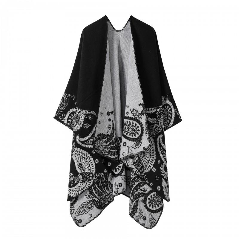 Womens Open-Slit Cape Shawl With Fringe Trim Double-Sided Knit Wrap In Vintage Style Travel Warmth