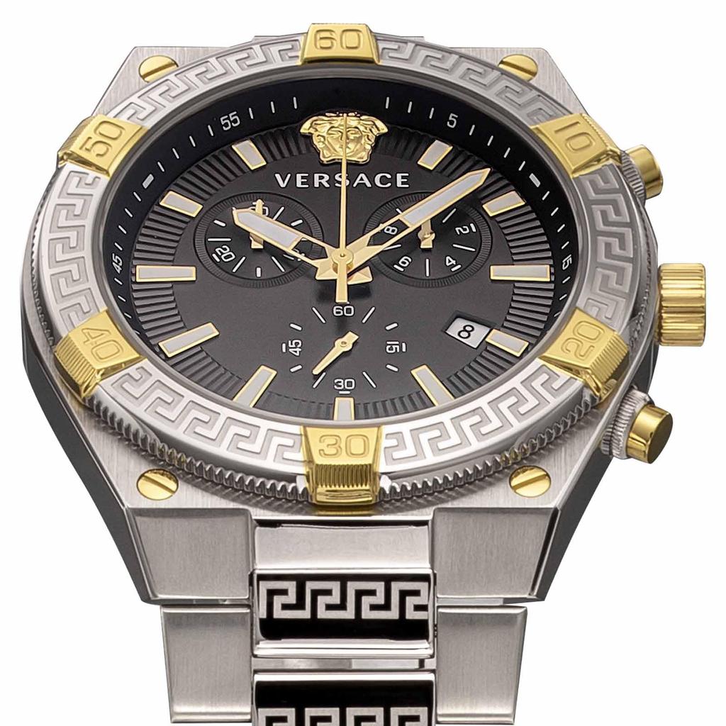 Versace Sporty Greca Watch, 46mm, Men's, Silver, Black Dial, Quartz Movement, Water Resistant, Sapphire Crystal, VESO01123 [Parallel Import]