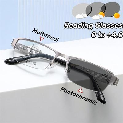 Óculos de leitura fotocromáticos de metal quadrado, armação grande, multifocal, masculino, proteção para os olhos, bloqueio de luz azul
