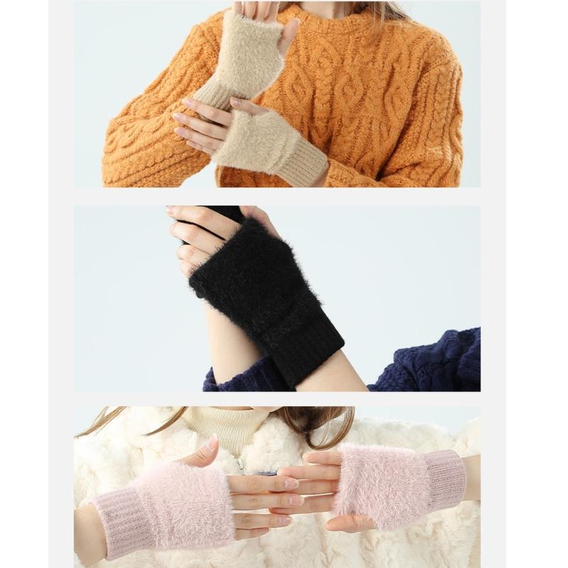 Winter Plush Gloves Stretchy Mittens Adult Knitted Solid Color Half Finger Gloves Knit Gloves for Cold Weather Cycling