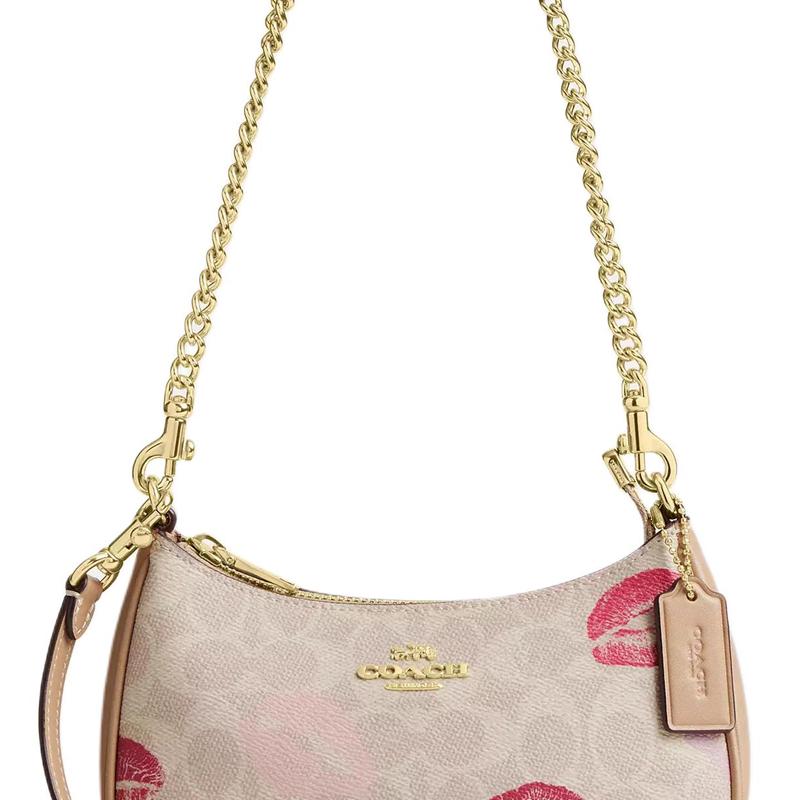 Coach Teri Lips 20 Impression de Lèvres Poignée Amovible Toile Enduite Sac Bandoulière sous le Bras Petit Sacs Femme Beige Multicolore CZ943-IMSAS
