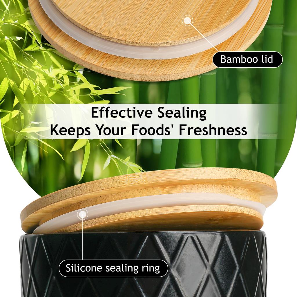 MIAMIO Kitchen Canister Set of 3 Ceramic Canisters with Wooden Airtight Perfect for – Lid, Coffee, Tea, Sugar, Flour, Salt, Etc. (Black)