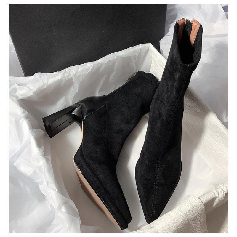 Mode Hochhackige Wasserdichte Plateau Einfarbig Skinny Stiefel, Klobig-absatz Spitzschuh Damenstiefel, Kurze Stiefel mit Reißverschluss hinten