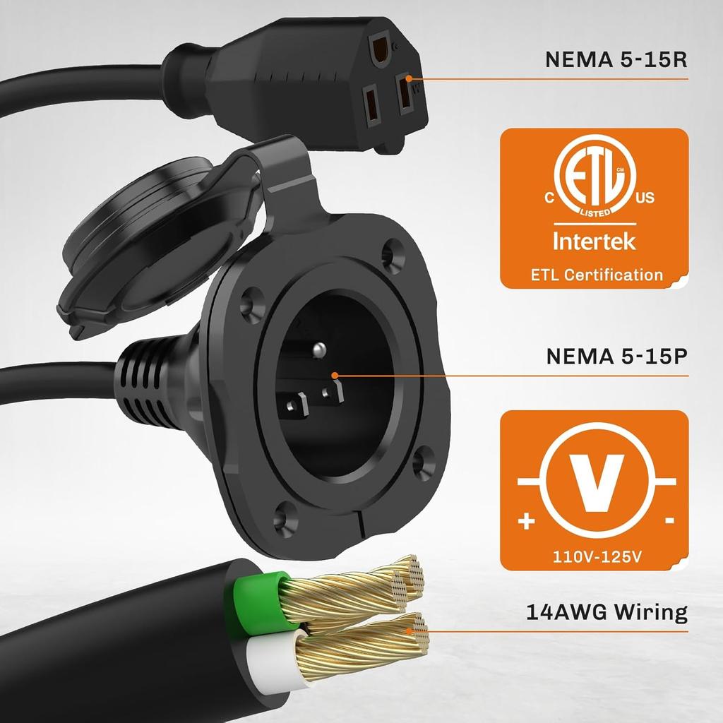 WELLUCK RV Shore Power Inlet Charger Plug 15 Amp 125V AC Power Inlet Port Plug With Integrated Dual 18" Extension Cord, RV Flanged Inlet With