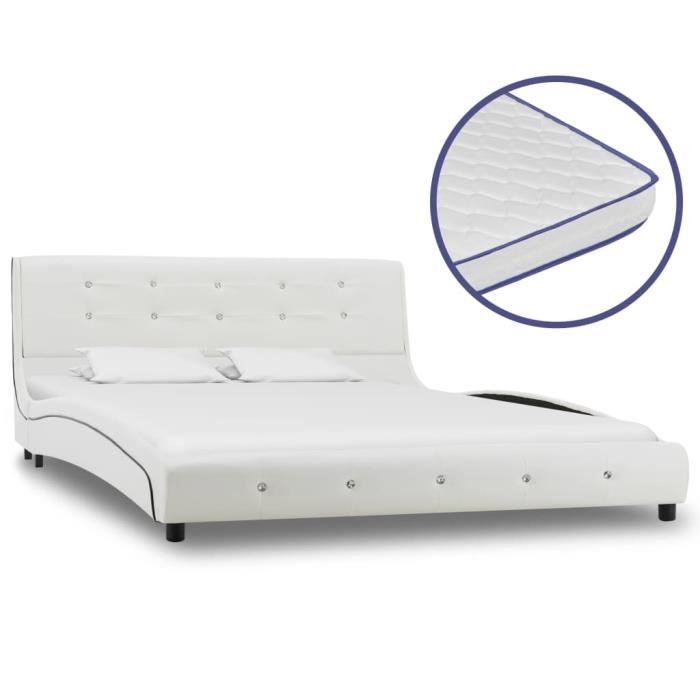 Lit avec matelas à mémoire de forme - VIDAXL - Blanc - 140x200 cm - Cadre en fer et MDF