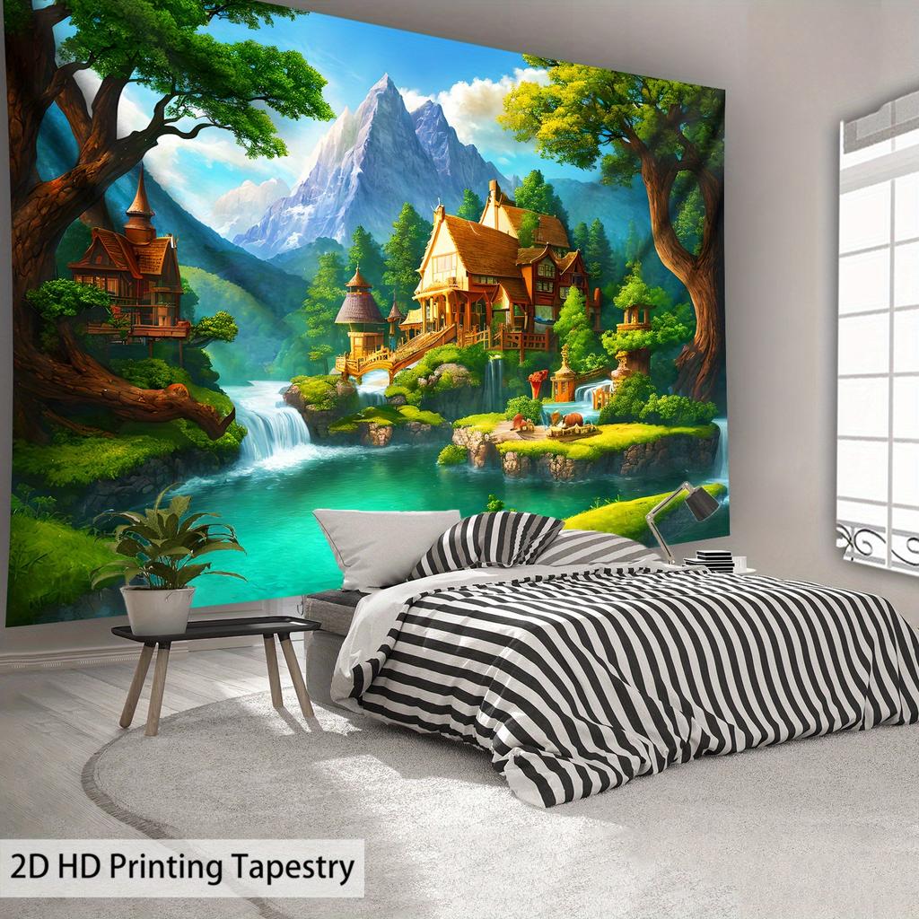 Polyester Wall Tapestry with Digital Waterfall Print In the Fairy Tale Forest, Suitable for Use In Living Rooms, Bedrooms, Bars and Parties.