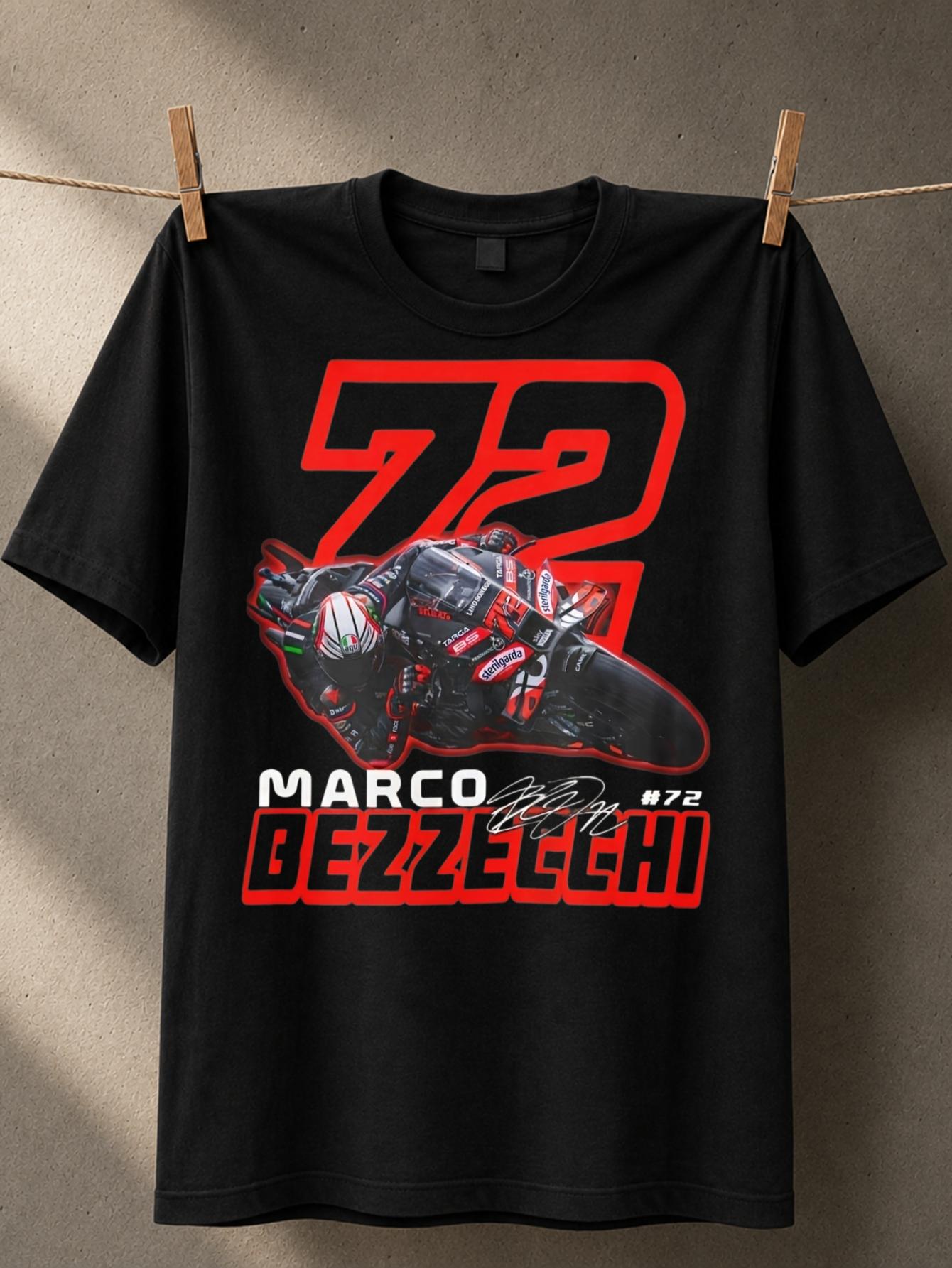 Marco Bezzecchi 72 Rote Nummer Rennmotorrad Grafik Mit Karomuster Streifen Unterschrift Und Kräftig Unisex Alles T-Shirt S
