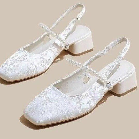 Guofeng New Chinese Pearl Sandals Women's 2025 New Single Shoes Thick Heels Women's Shoes Middle Heel with Cheongsam Shoes High Heels